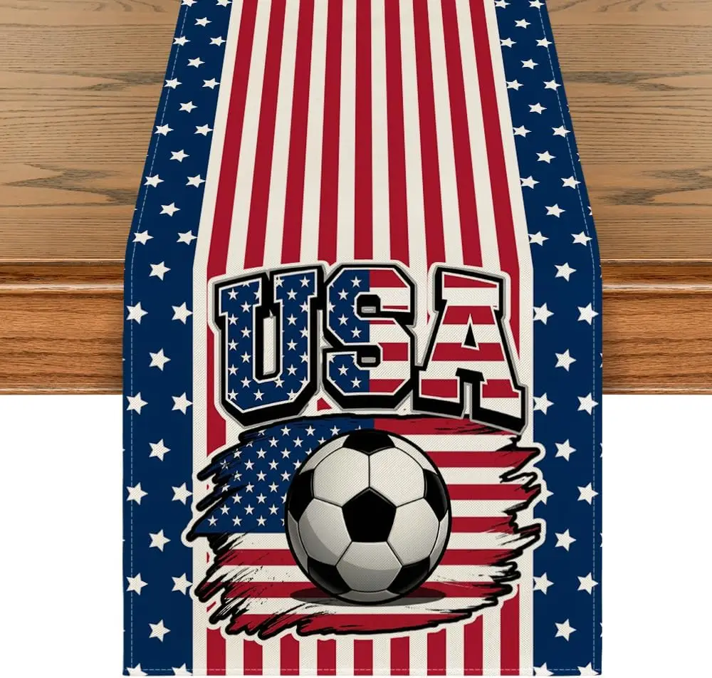 

USA America Flag Soccer Linen Table Runner Party Decor Washable Sport Boy Birthday Party Kitchen Dining Table Runner Home Decor