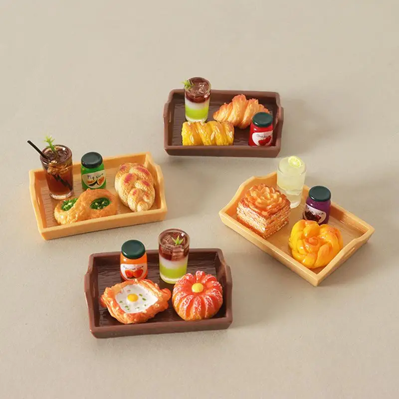 

5Pcs Miniature Dollhouse Sumilation Mini Bread Dim Sum Drink With Plate Afternoon Tea Decoration For Kid Pretend Play Toys#