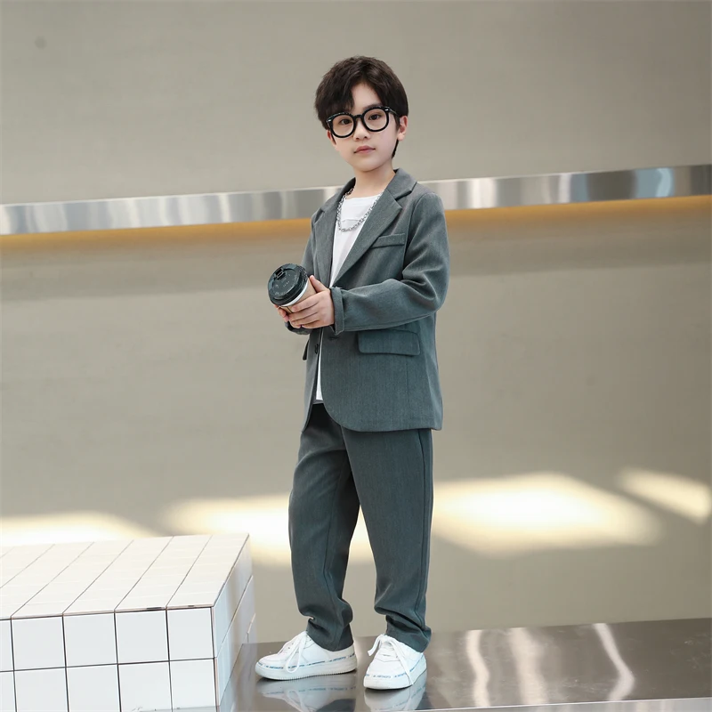 junior Boys Suits Autumn Long Sleeve Casual Blazer Jacket Trouser 2pcs School Uniform Teen Kids Clothes pants Set Child Cosutme