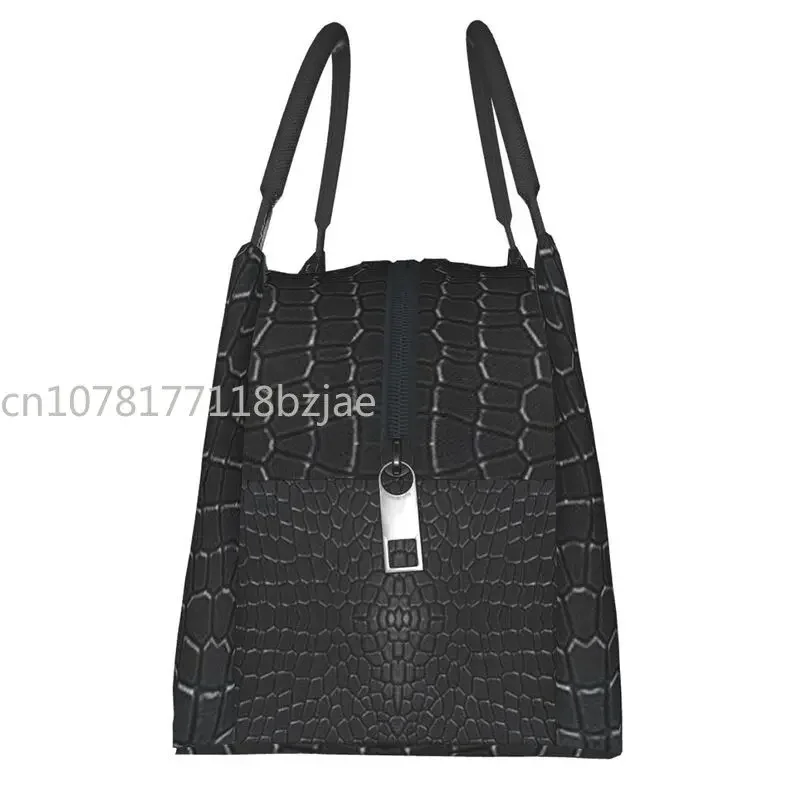 Black Crocodile Skin Leather 3D Print Insulated Lunch Tote Bag for Women Alligator Texture Resuable Thermal Cooler Bento Box