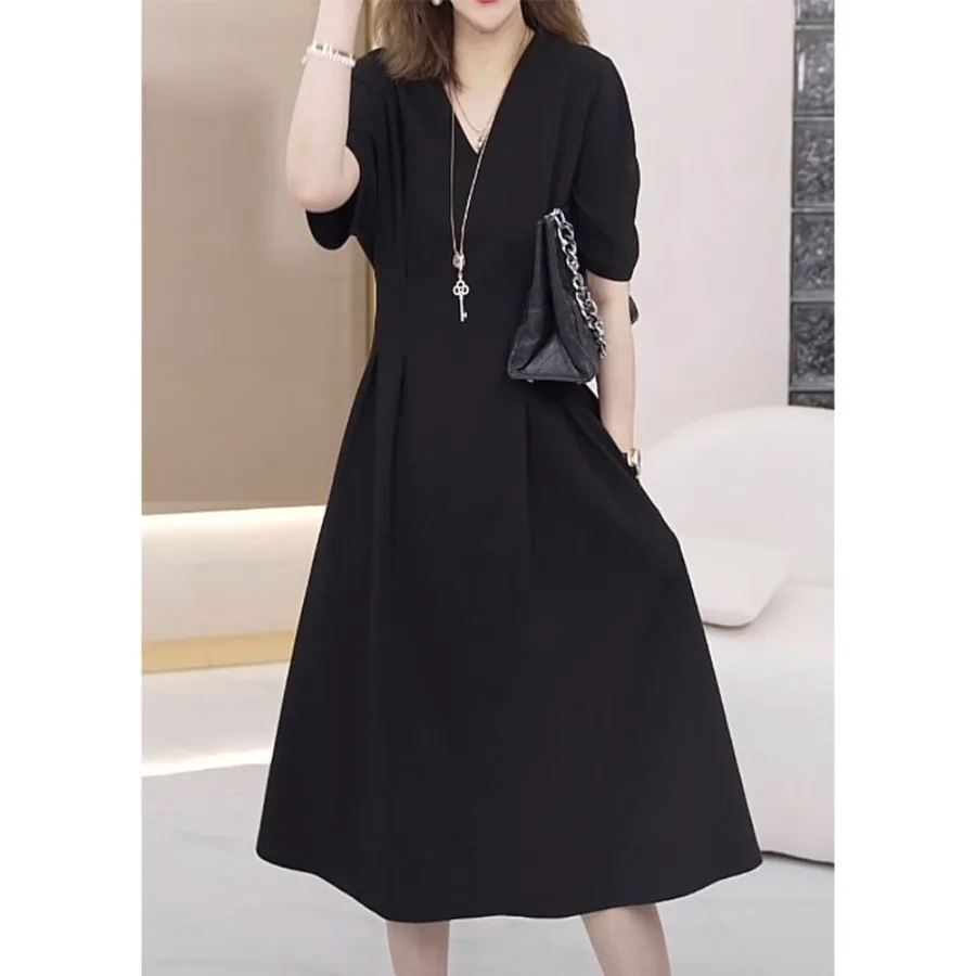 

【New style】Summer version is good, high-end, pin-pleated and light luxury dress, large-size, covering the meat, covering the cr