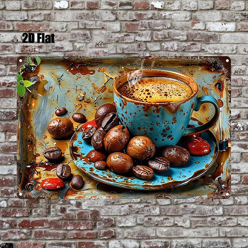 Decoration Featuring Coffee Cups And Coffee Beans, Durable Metal Plaque, Ideal for Bars, Bedrooms, Restaurants, Kitchens