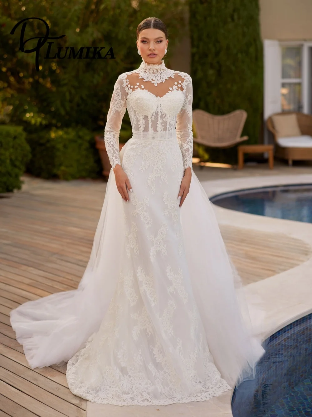 

Sexy Lace Wedding Dress Formal Long-Sleeved Bridal Gown Elegant Mermaid Applique Floor-Length Wedding Gown Customized