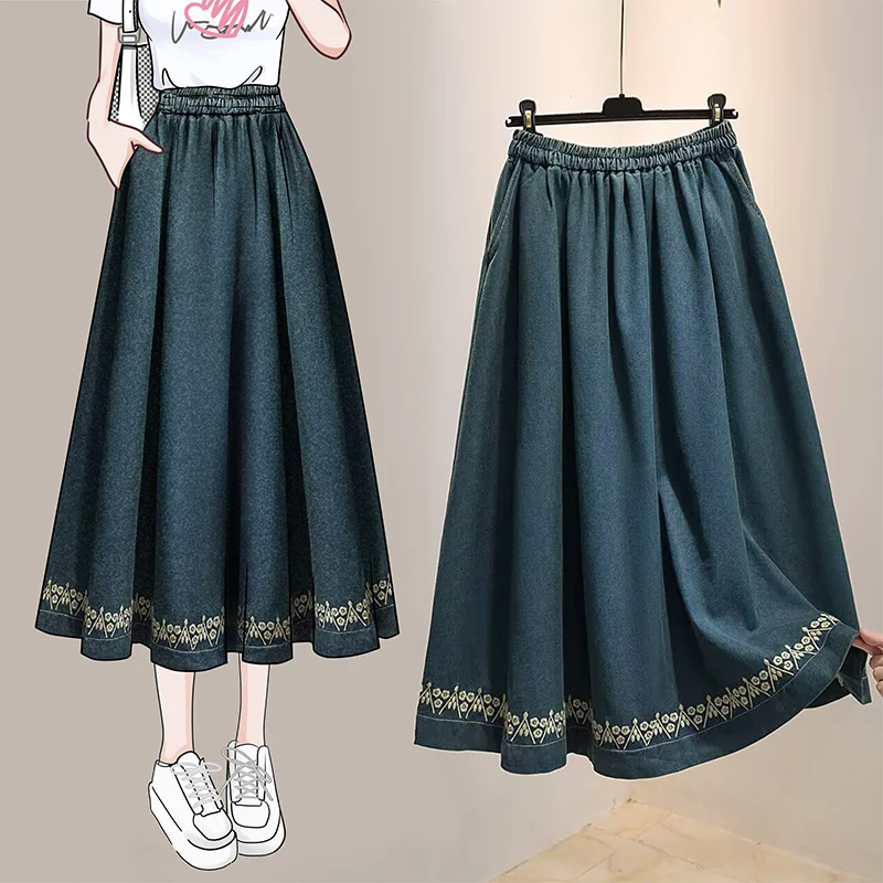 New 2025 Spring Summer Women's Denim Skirts Loose Plus Size Lady Jeans Skirts Casual Lace Patchwork Female Bottom KN1554