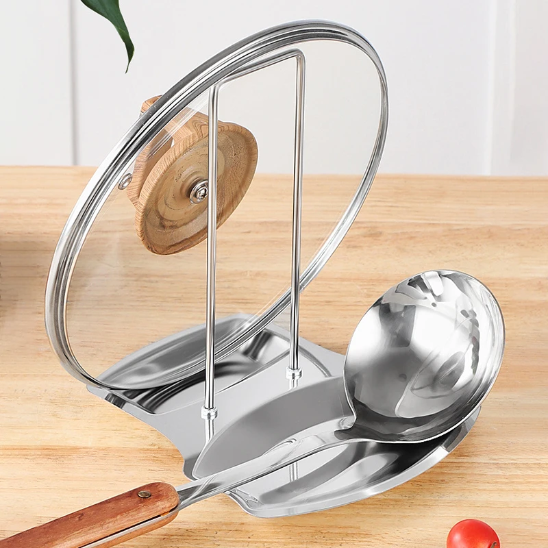 

Stainless Steel Pan Pot Cover Stand Silver Color Soup Spoon Holder Drain Rack Stove Organizer Storage Kitchen Accessories