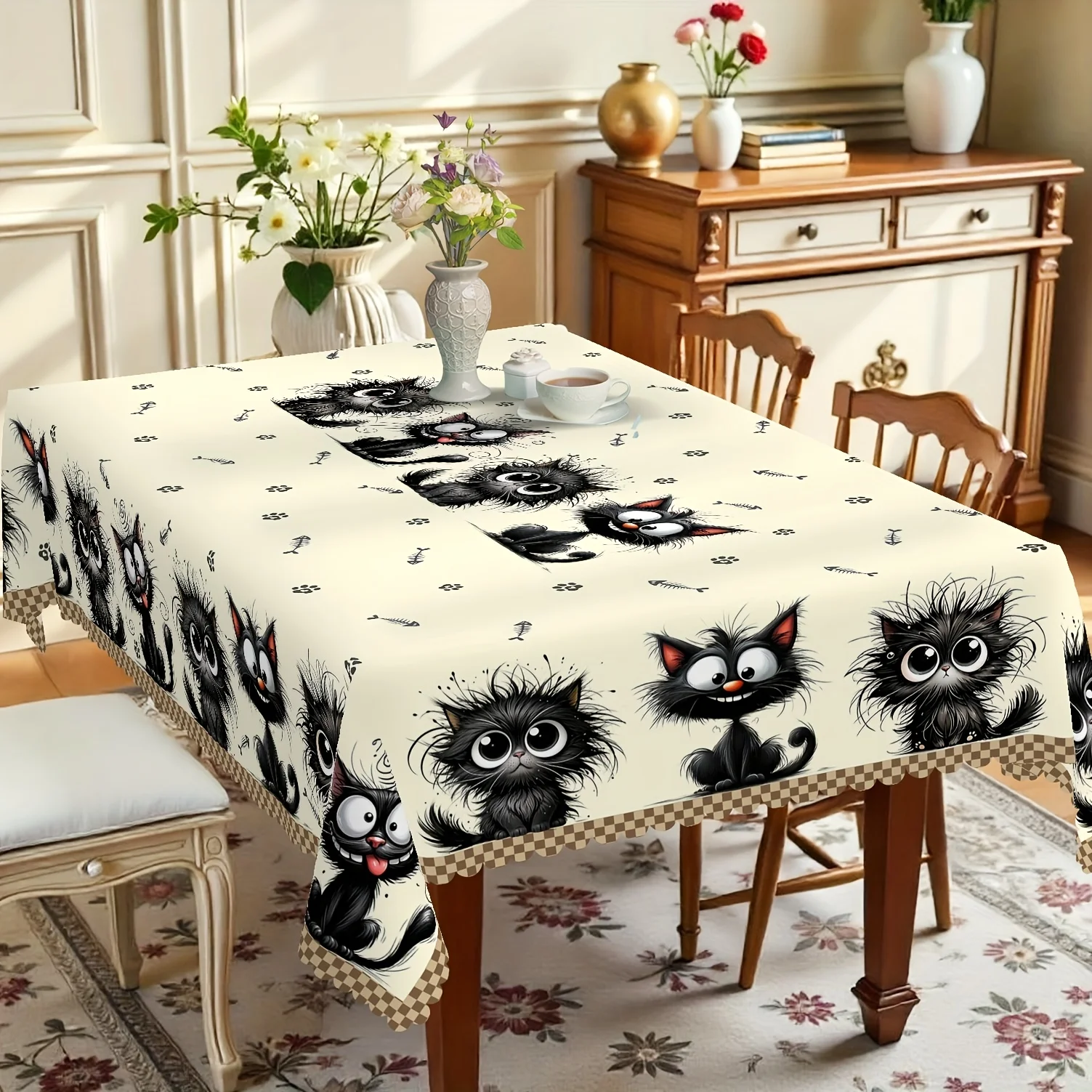 Special for Halloween and Christmas, 1-piece Halloween and Christmas black cat-themed tablecloth.zyc