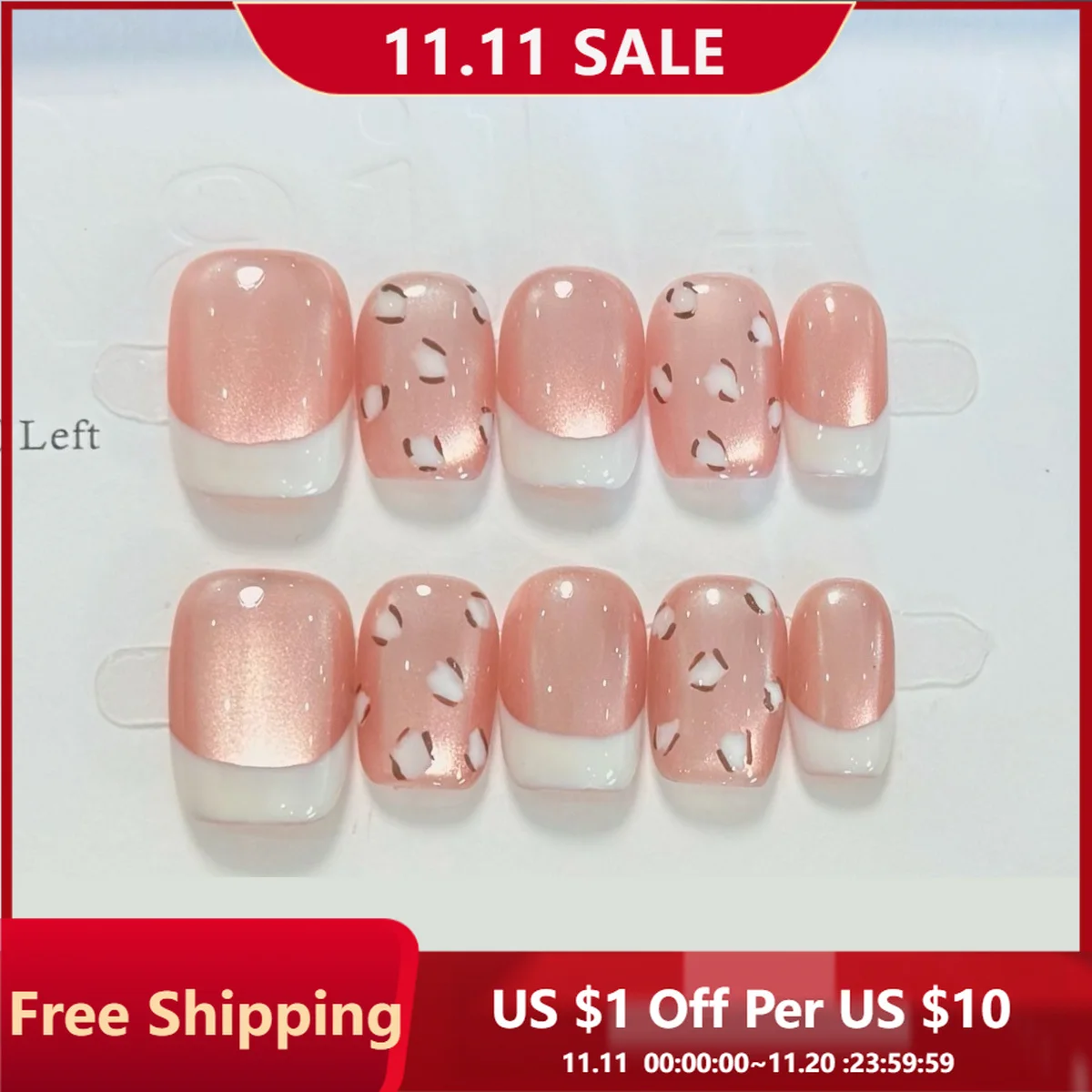 

10pcs Handmade Press on Nails Leather Pink French Leopard Print Glitter Glass Bead Cat Eye Fake Nail for Women&Girl Nail Art