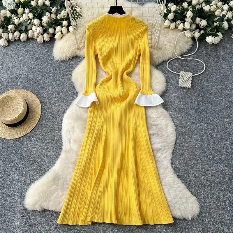 Elegante Breien Zeemeermin Jurk Lente Kleding Vrouwen Lange Mouw Button Up Lange Trui Jurken Vintage Gebreide Jurk Gewaad Femme