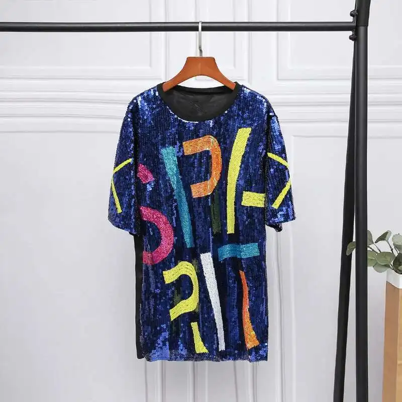 #0206 Summer Long T Shirt Women Loose O-neck Streetwear Sequined T Shirt Short Sleeve Split Joint Hip Hop T-shirt Femme Letters