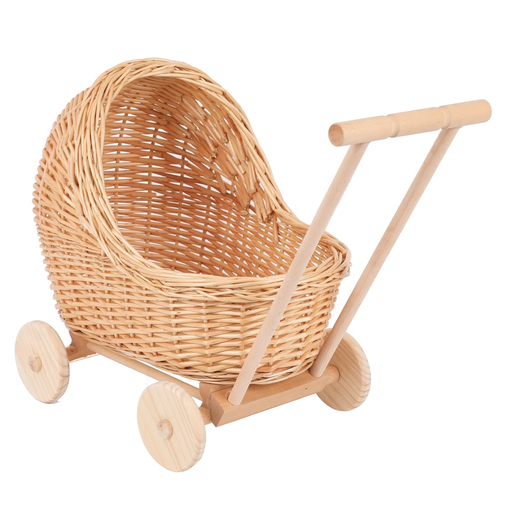 Newborn Photography Wicker Stroller with Wooden Chassis Doll Pram Baby Girl Gift Basket Baby Shower Decor Photo Accessories