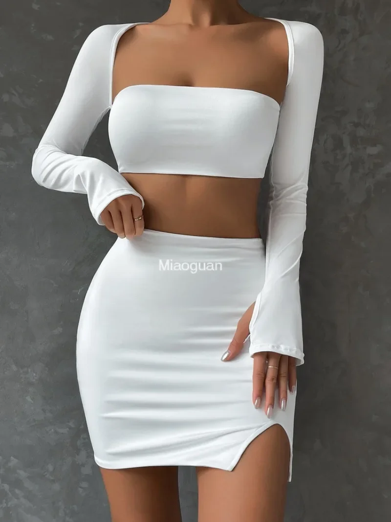 Casual 2 PCS Sexy White Mini Dress Set 2024 New Long Sleeve Top Summer Skirts Suits Bodycon Women\'s Party Short Split Dress Suit