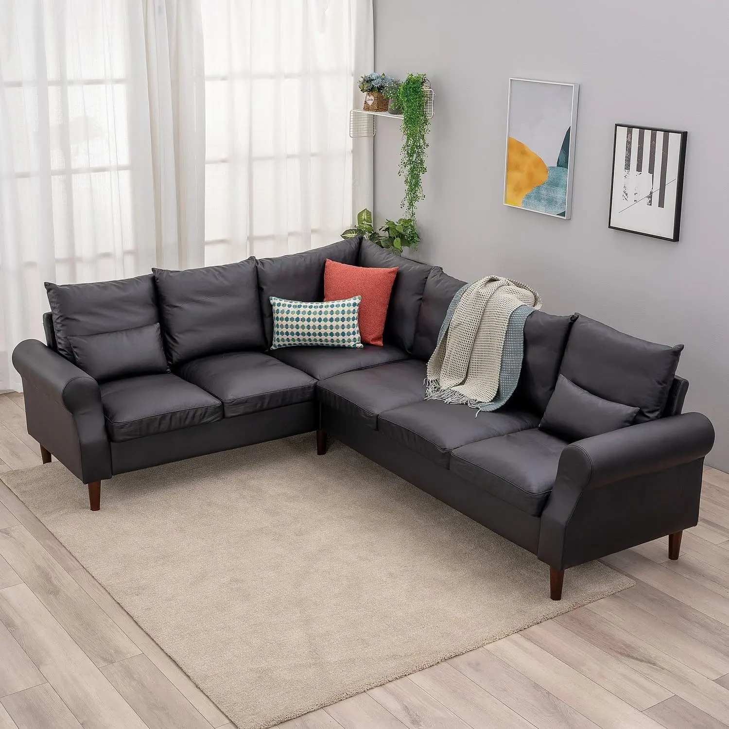 Panana 6-zits L-Vorm Hoek Gestoffeerde Bank Bank Kunstleer L-Vormige Hoek Sectionele Loveseat Ottomaanse Moderne