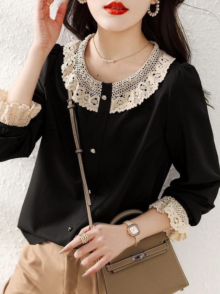 Women French Lace Patchwork Blouse Sweet Lace Trim Collar Vintage Elegant Office Casual Shirt 2026 Spring