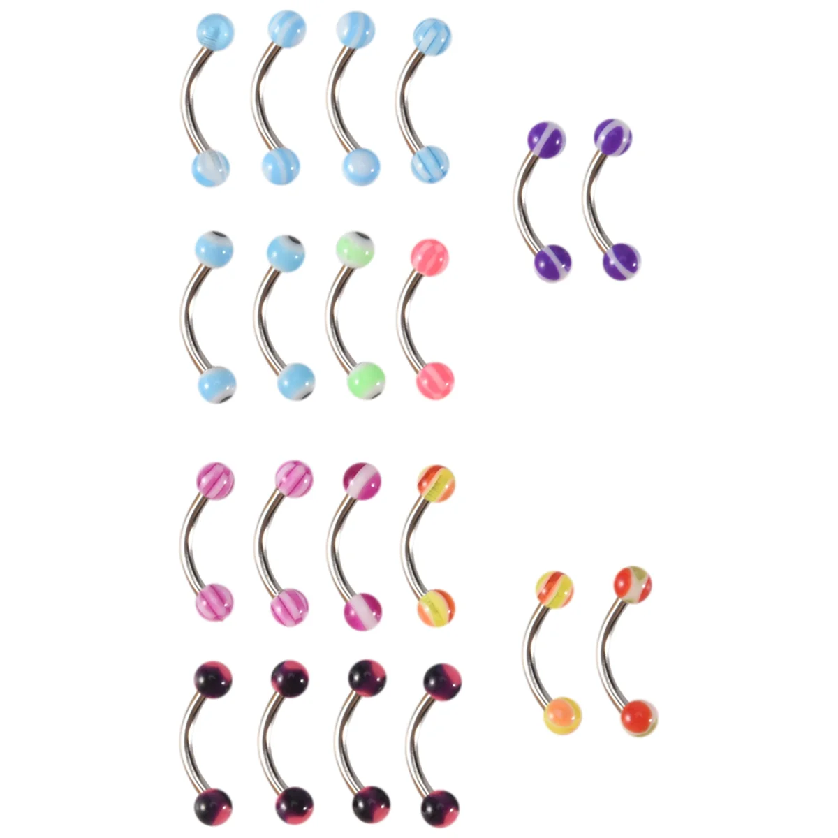 20pcs Colorful Stainless Steel Ball Barbell Curved Eyebrow Rings Bars Tragus Piercing