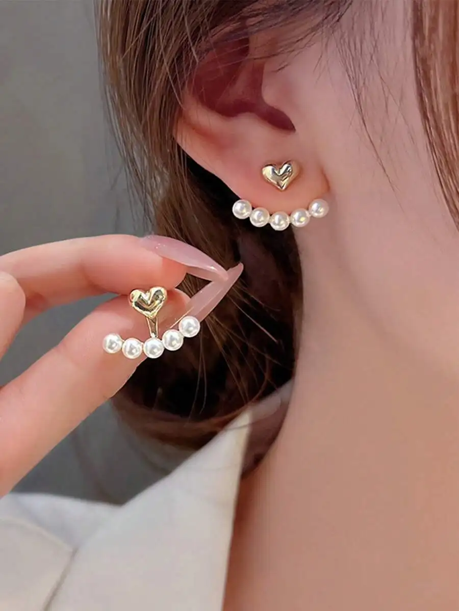1pair Minimalist Small Heart & Faux Pearl Stud Earrings, Korean Fashion Jewelry For Women Valentines,Mom,Mother,Mother's Day,Gif
