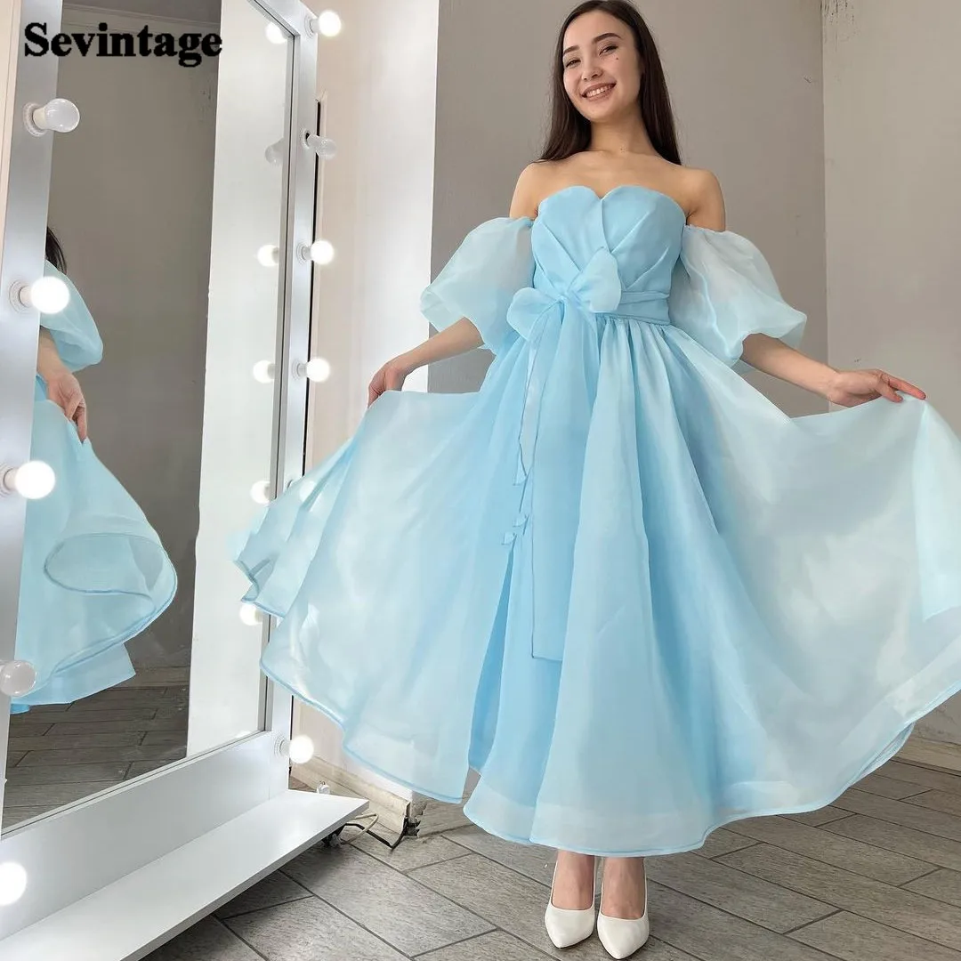 

Sevintage A Line Organza Midi Women Prom Dresses Short Sleeves Belt Ankle Length Formal Cocktail Dress Homecoming Party Gowns