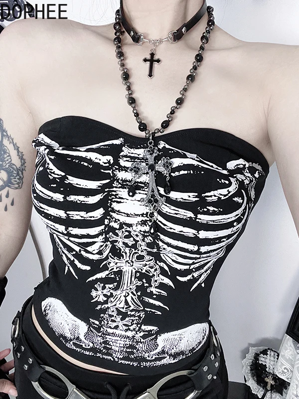 

Dark Gothic Style Skull Printing Women Tube Top Sexy Hot Chick Punk Music Festival Rock Tank Top Sexy Off Shoulder Camisole