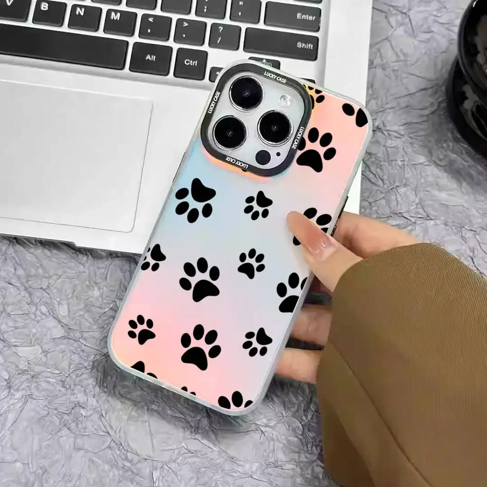 1pc Black Cat Footprints Print Phone Case Laser IMD Color Silver Shell For IPhone 17 16 15 14 13 12 11 Air Pro Max Plus