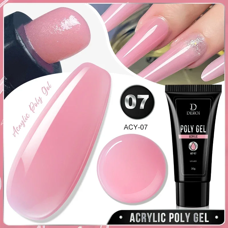 DEROI Crystal Poly Nail Gel Acrylic Natural Pink Semi Permanent UV Liquid Extension Hybrid Varnish Top Coat Buider Nail Gel 30ml