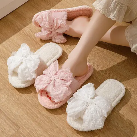 Bow Opening Warm Cotton Slippers Home Indoor Plush Slippers Soft and Delicate Solid Color Cute Women's Cotton Slippers