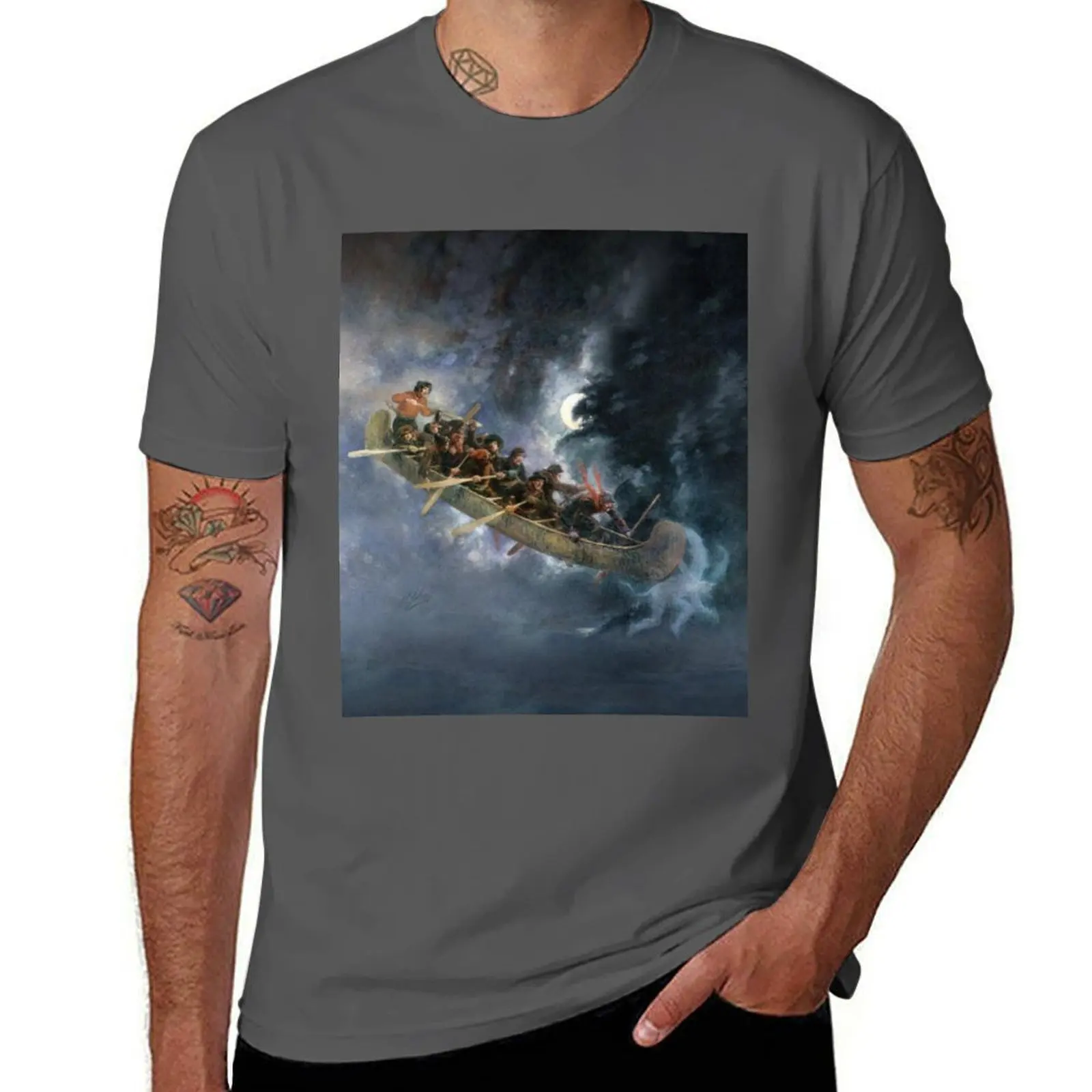 تي شيرت La Chasse-galerie The Bewitched Canoe The Flying Canoe لوحة أسطورة كيبيك الفرنسية الكندية بواسطة Henri Julien HD HIGH QU #1