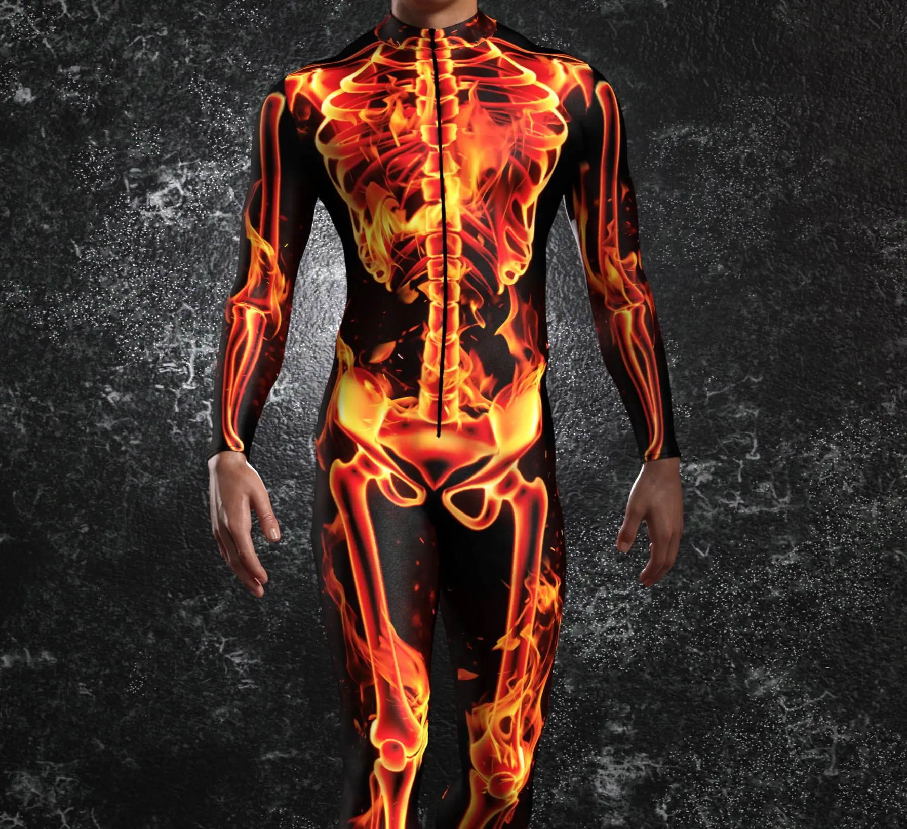 Men Flame Skull Halloween Party Cosplay Horror Costume Jumpsuit Punk Blazing Skeleton Bodysuit Zentai Festival Outfit Romper