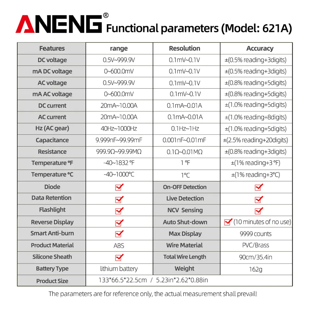 ANENG 621A 멀티미터 충전식 AC/DC 전압 전류 전기공 테스트 도구 다기능 9999 카운트 디지털 스마트