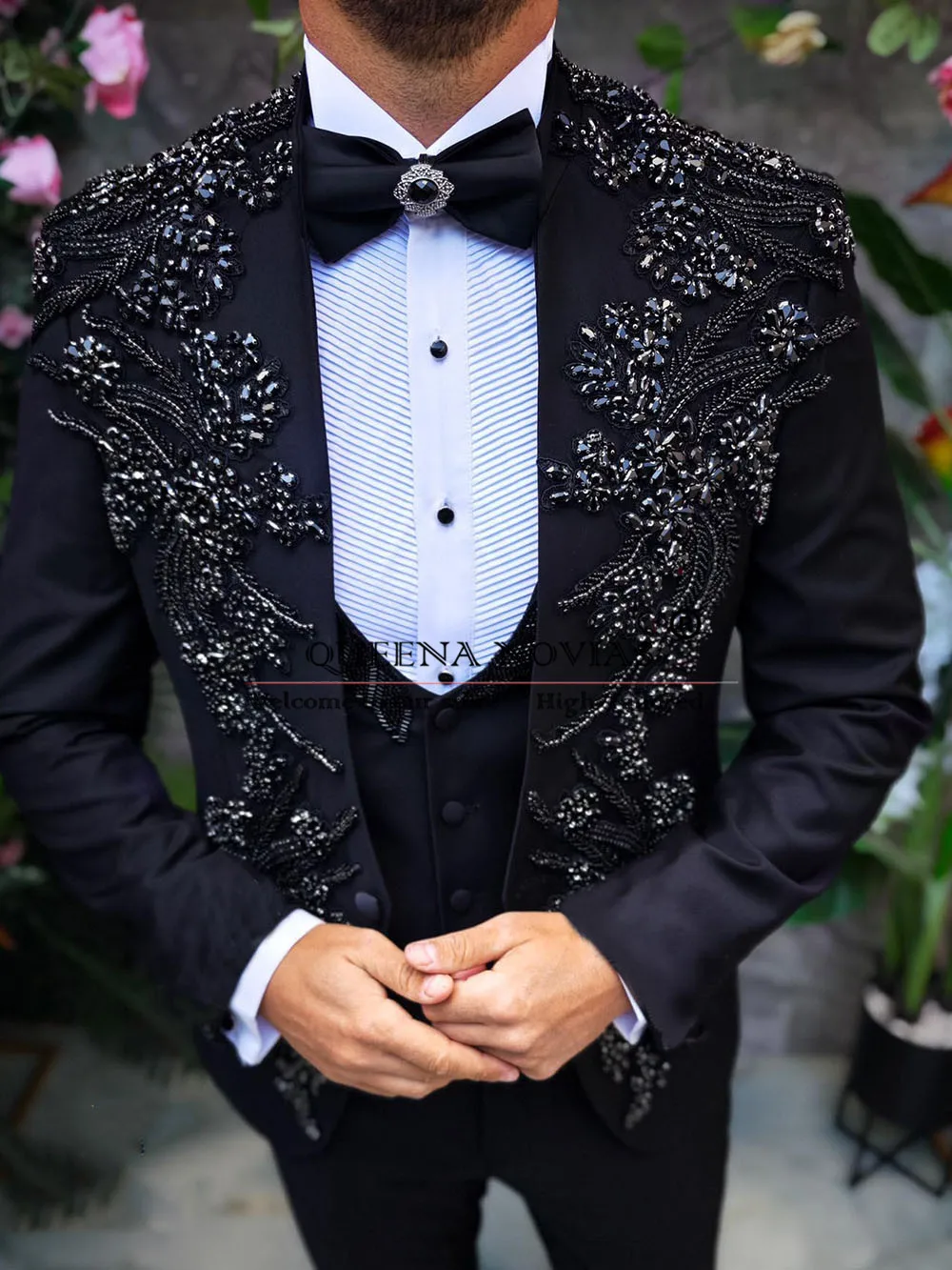 Beaded Stone Suits Men Formal Party Italian Designer Sparkly Black Appliques Prom Blazer Groom Wear Wedding Tuxedos Customized