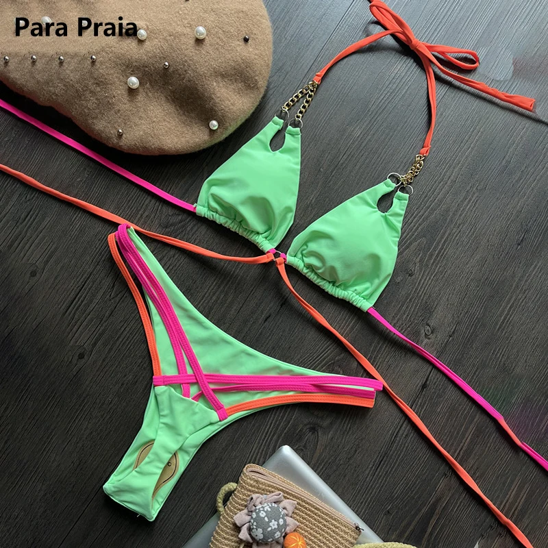 Para Praia New Metallic Chain Bikini 2023 Sexy Push Up Swimwear Women Brazilian Swimsuit Thong Biquini Two Piece Bathing Suit