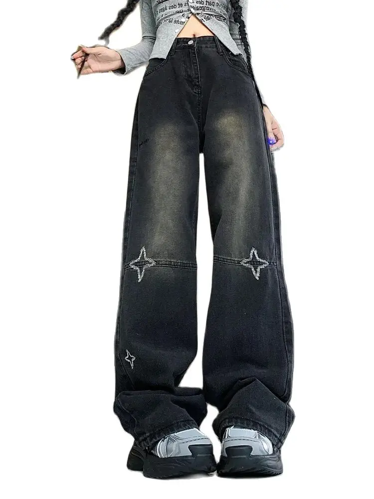 Women's Black Star Design Sense Retro American 90S Spicy Girl Y2K Loose Embroidered Wide Leg Denim Straight Leg Pants