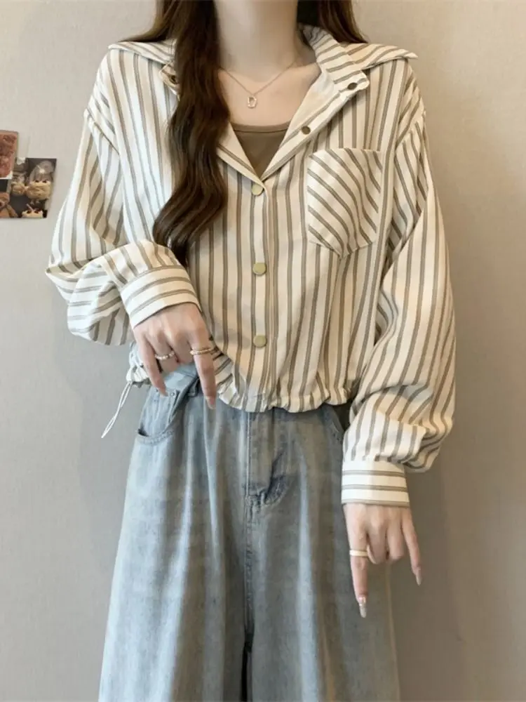 Women's New Spliced Korean Version Spliced Fake Two-piece Striped Shirt Loose Drawstring Design Top