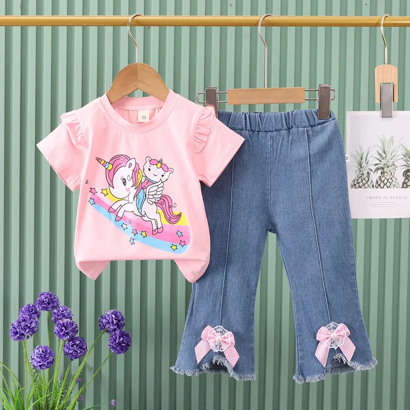 2026 New Summer Children's Set girls fashion trend set, 2-piece cartoon unicorn T-shirt and Bow Jeans