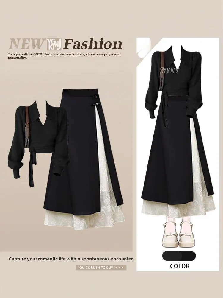 

Early Autumn Fashion Set High Waist Slimming Tie Knitwear Top Women Stylish Color Block A-Line Skirt Ensemble