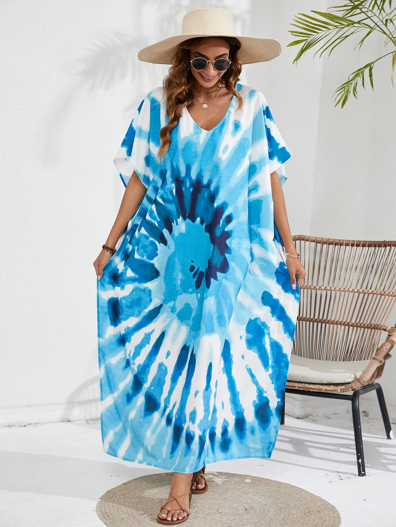 Damska sukienka z dekoltem w stylu Boho Plus Size Tie Dye z rękaw w kształcie skrzydła nietoperza dekoltem w szpic