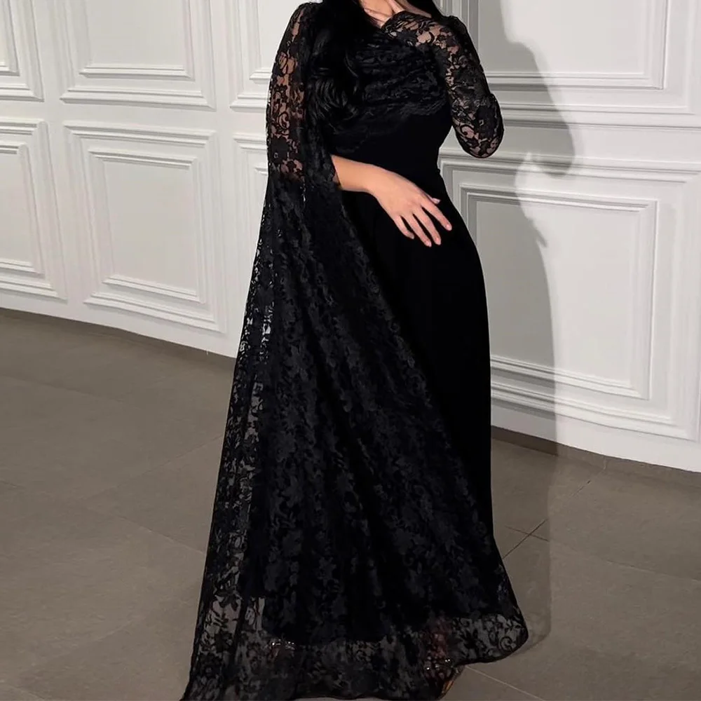 

Long Sleeves Jersey O-neck Floor Length Straight Evening Dress Watteau Train Lace Zipper Back Temperament Photo Color Formal