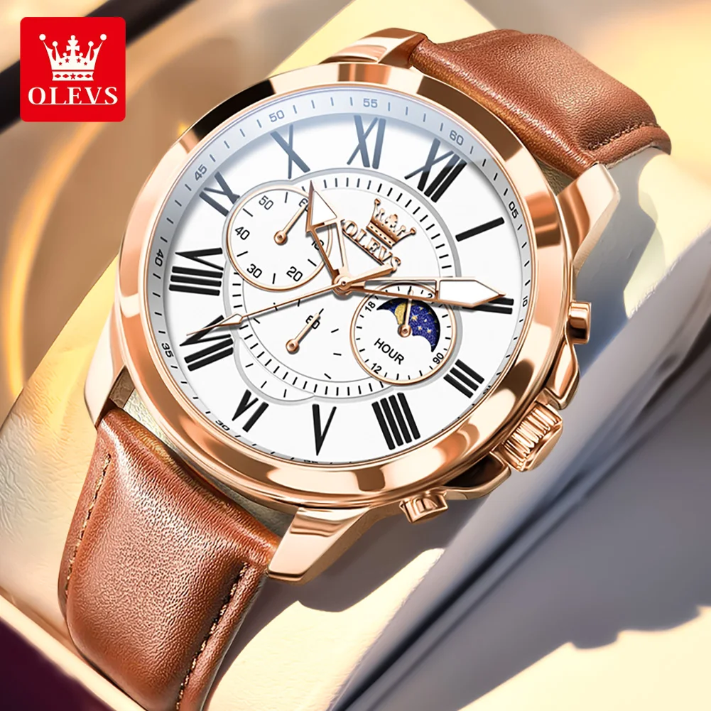 

OLEVS 3632 Original Brand Business fashion Men's Watches Waterproof Leather Strap Moon phase Quartz Watch Authentic Wristwatches