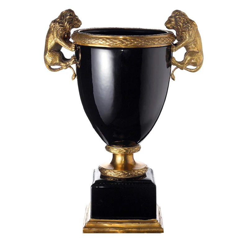 

European luxury double bronze lion ceramic flower pot retro black decorative vase living room desktop ornament