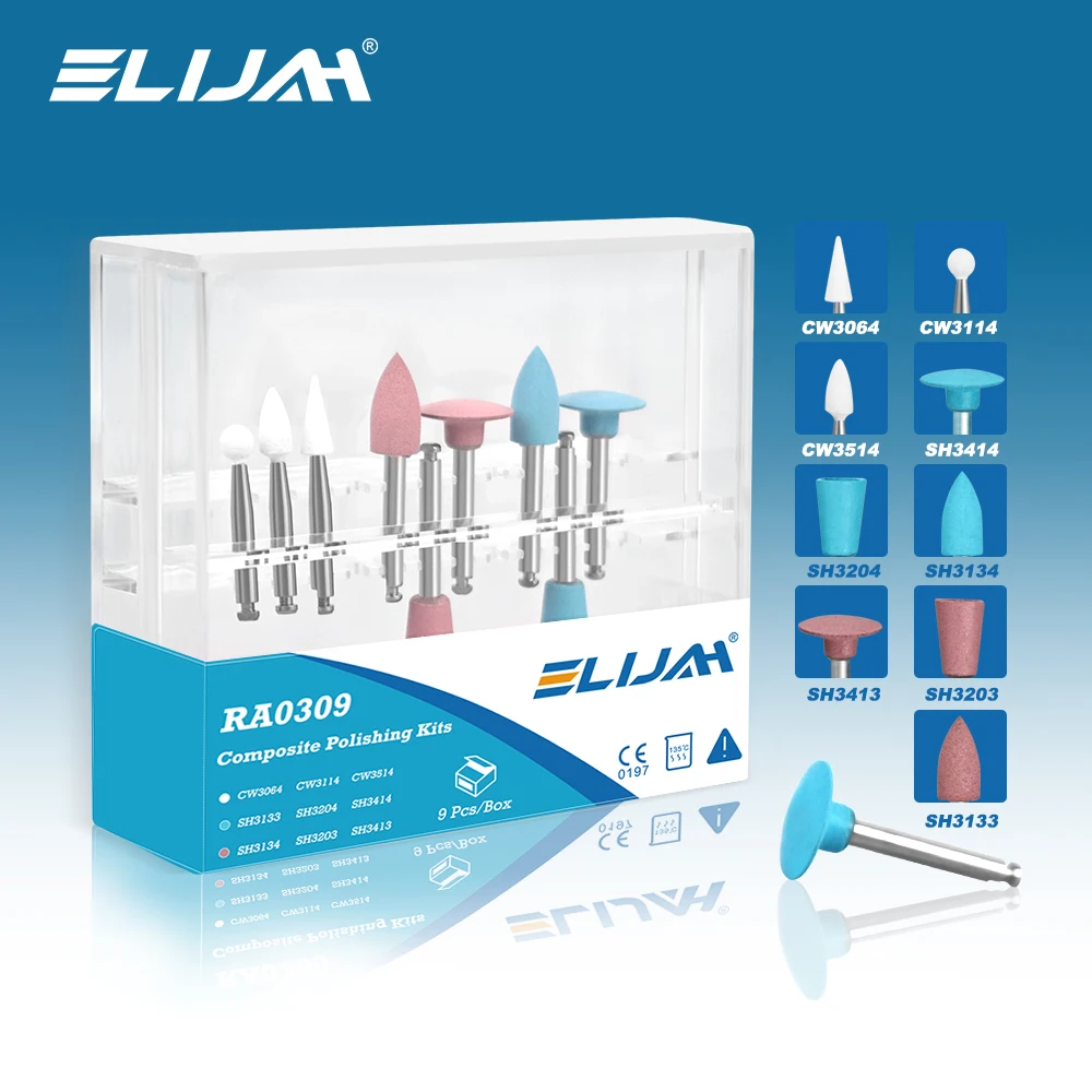 

ELIJAH Dental RA0309 Composite Polishing 9Pcs Kit Low Speed Handpiece Contra Angle Resin Polishing Set Dentistry Polish Tools