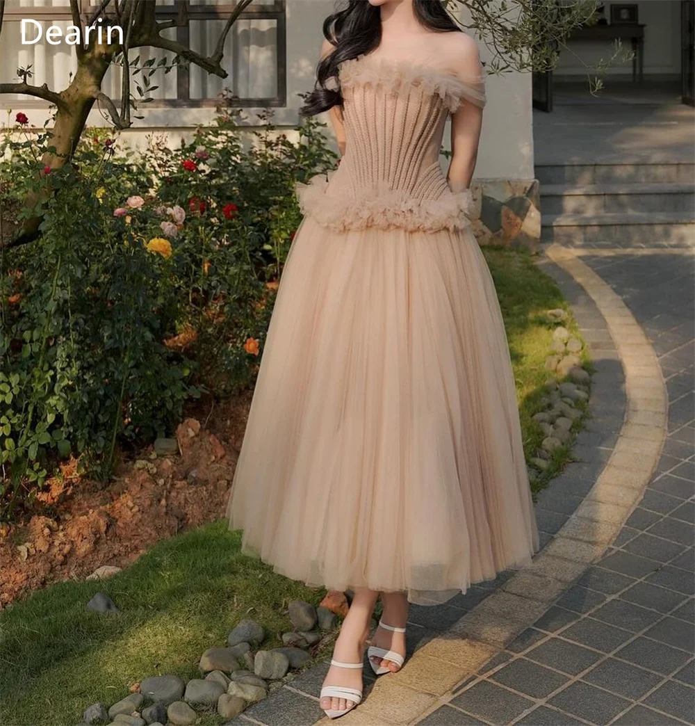 Customized Saudi Arabia Dearin Off-the-shoulder A-line Tea Length Skirts Draped Tulle Layered Bespoke Occasion Dresses Formal Dr