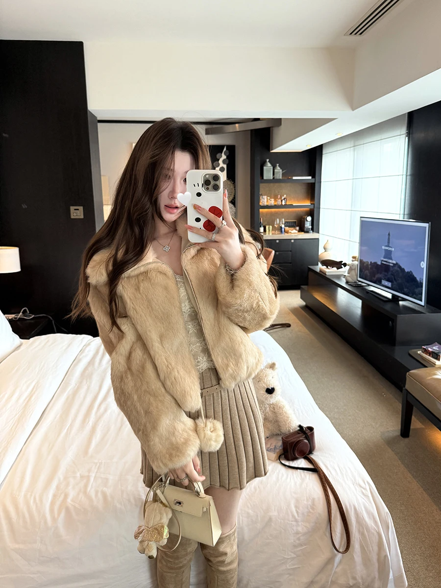 

Anna Rabbit Double Color Thickened Fur Jacket Real Rabbit Hair Leather Coat Elegant Style Long Sleeve Short Length Zipper Clo...