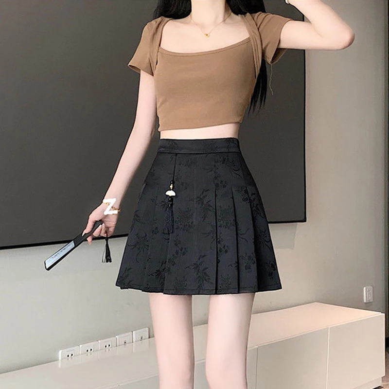 2024 New Chinese Style Jacquard Horse Face Summer Short Skirt High Waist Slimming Pleated Skirt Plus Size Versatile Skirt ﻿