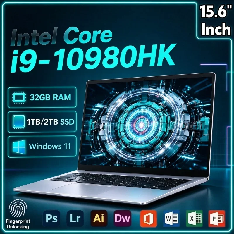 15.6 Inch Intel Core I9 10980HK Notebook PC Windows 11 32GB RAM 2TB SSD Fingerprint Unlock Portable Office Computer
