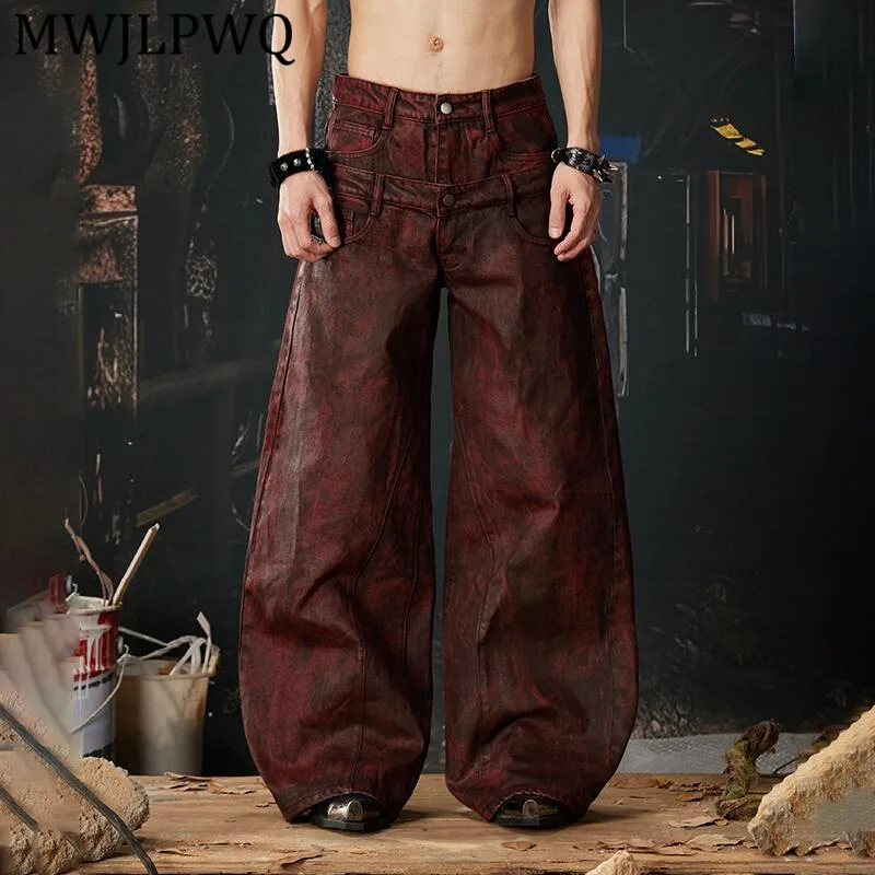 MWJLPWQ Men's New Dark Double-Waisted Waxed Loose Jeans High Street Niched Spring Autumn Unisex Straight-Leg Trousers 15062