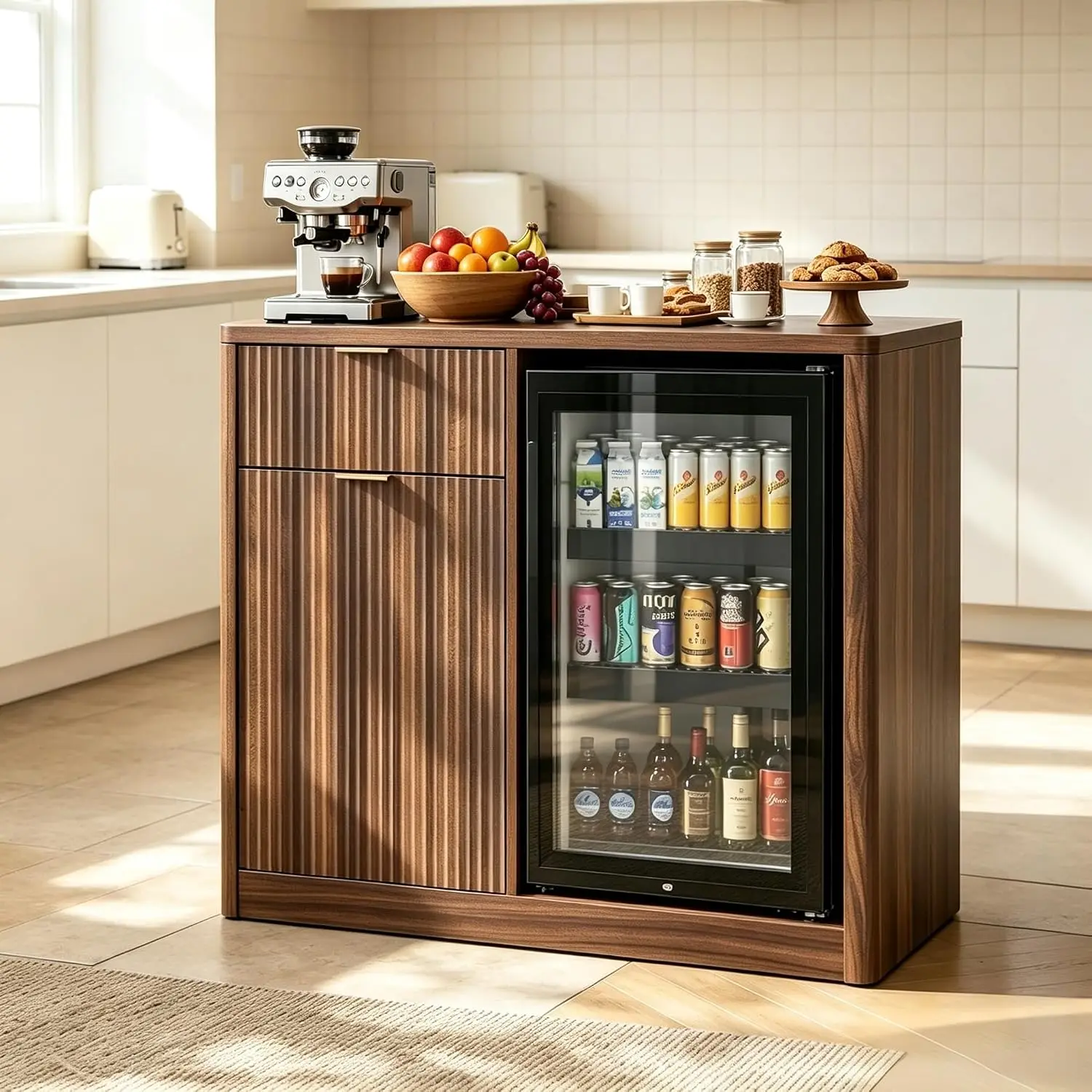 Coffee Bar Cabinet with Mini Fridge Space Walnut Storage Kitchen Dining Room Furniture, Customized