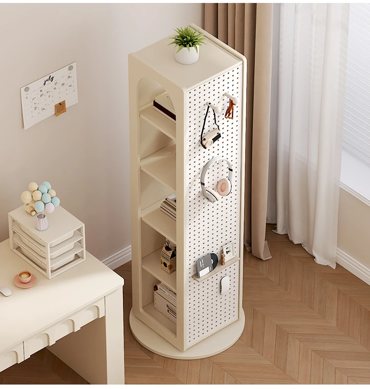 

Cream wind solid wood rotating bookshelf floor-to-ceiling living room with full-length mirror hole board storage display
