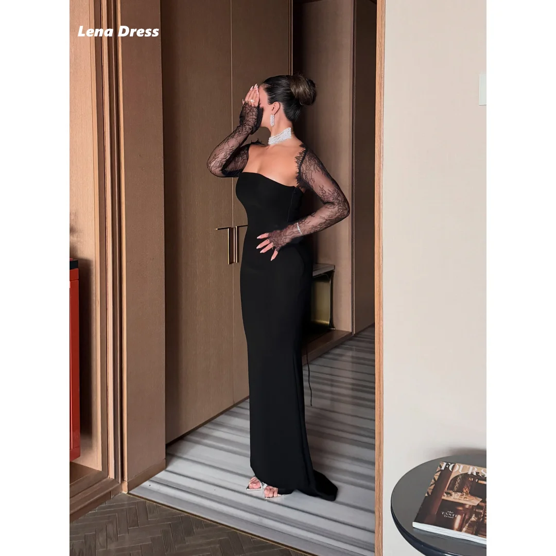 Lena Maßgeschneiderte Luxuriöse Elegante Partykleider für Hochzeiten, Damenkleid mit Quadratischem Kragen, Schwarze Bestickte Spitze, Fischschwanz-Ballkleid für den Abend