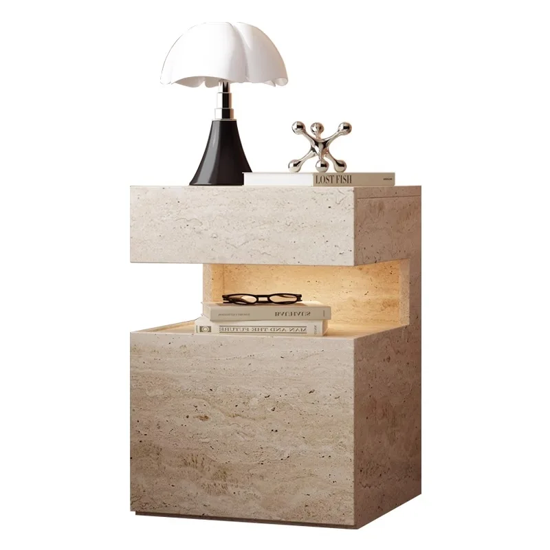 Bedside table Solid wood household bedroom Insurance locker Integrated suspended cave stone Italian minimalist with lamp
