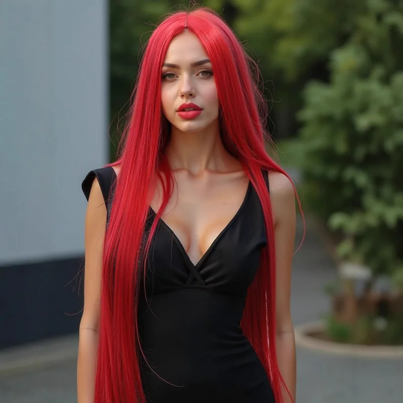 باروكة أنمي طويلة للديكور، شعر مستعار طويل مستقيم بنصف ونصف شعر مستعار أحمر ورمادي طويل