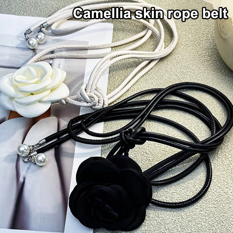 Кожаная веревка с цветком камелии, поясная цепочка для женщин, тонкий пояс, пояс с милым узлом, модная одежда, платье, декоративные пояса, ремень