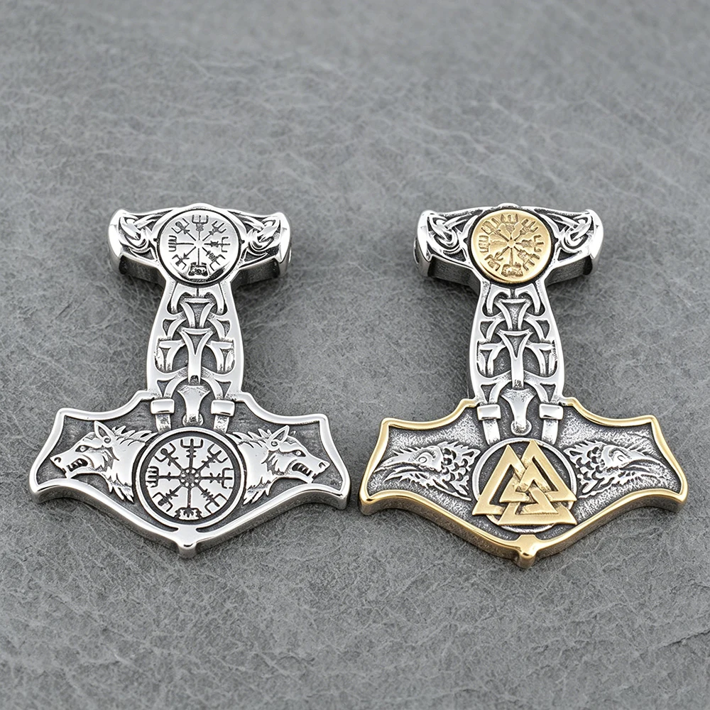 Stainless Steel Viking Mjolnir Wolf Head Pendant Necklace Men Women Norse Guardian Amulet Daily Wear Jewelry Gift Dropshipping